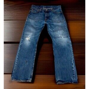 Men’s Levi's 501 34”x28” Thrash Distress Med Wash Button Fly Jeans